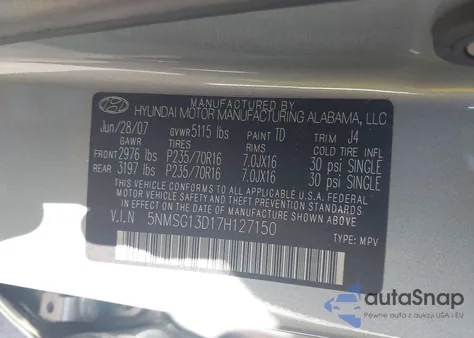 2007 Hyundai Santa Fe Gls из США, поврежденный, VIN 5NMSG13D17H127150